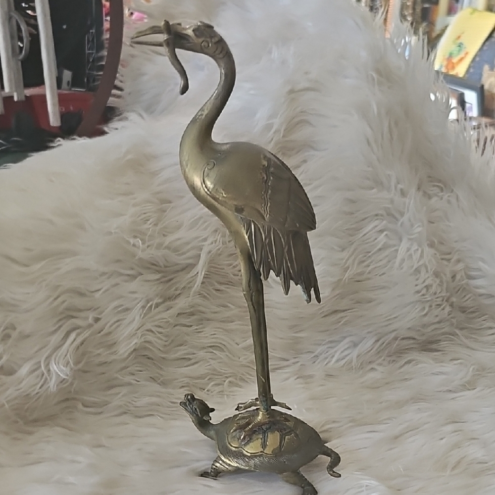 Elegant Brass Crane and Turtle Figurine